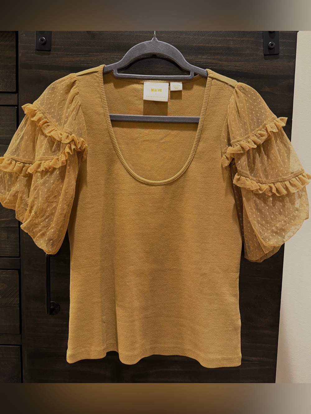 MAEVE Anthropologie Mustard Puff-Sleeve Knit Top Size M Unique! - Picture 2 of 9